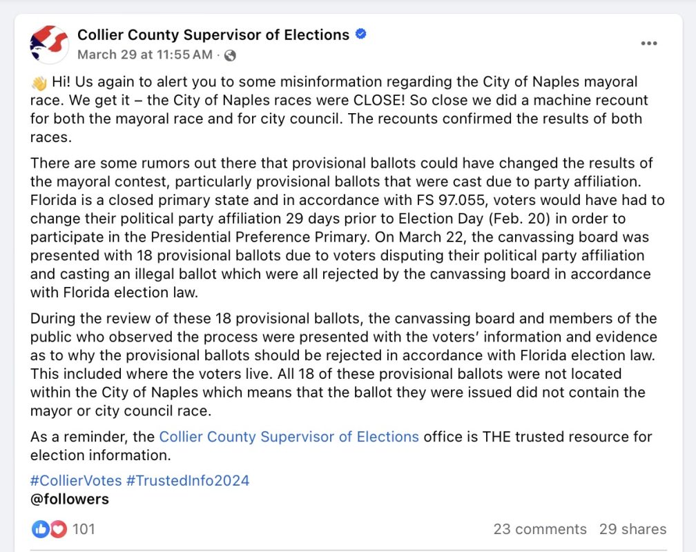 Supervisor of Elections Facebook statement re provisional ballots